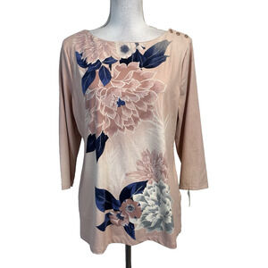 Charter Club Top Pullover sz Large Mauve Pink Blue Floral Stretch Career Casual